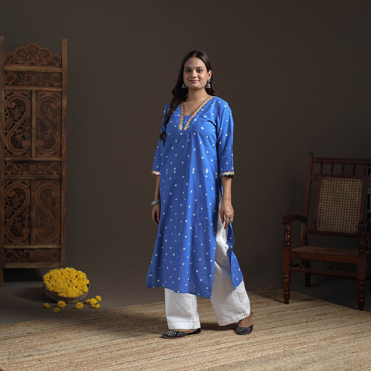 Gota Work Bandhani Tie-Dye Cotton Straight Long Kurta for Women 19