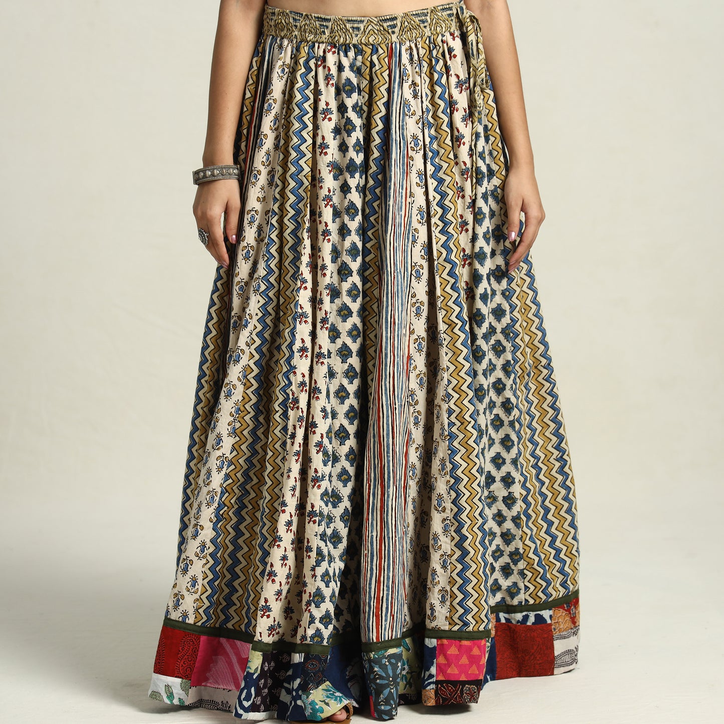 Multicolor - Ajrakh Block Printed 24 Kali Patchwork Cotton Long Skirt 03