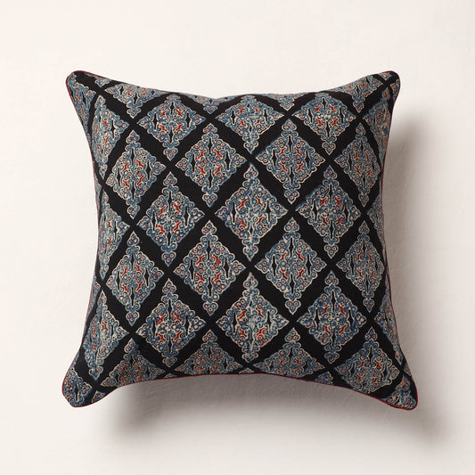 Black - Ajrakh Block Printed Cotton Cushion Cover (16 x 16 in)