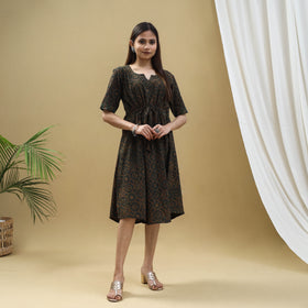 Buy Block Print Cotton Green Flared Short Ajrakh Dress