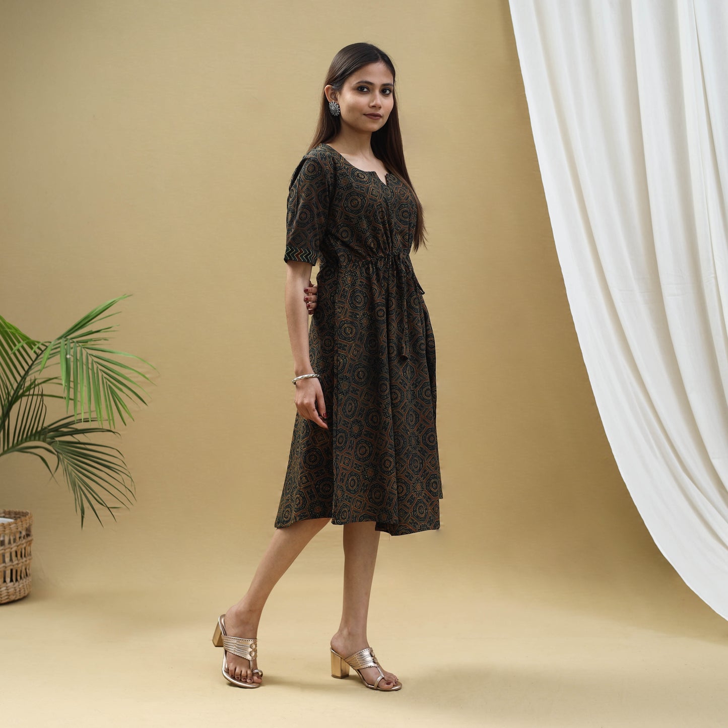 Buy Block Print Cotton Green Flared Short Ajrakh Dress