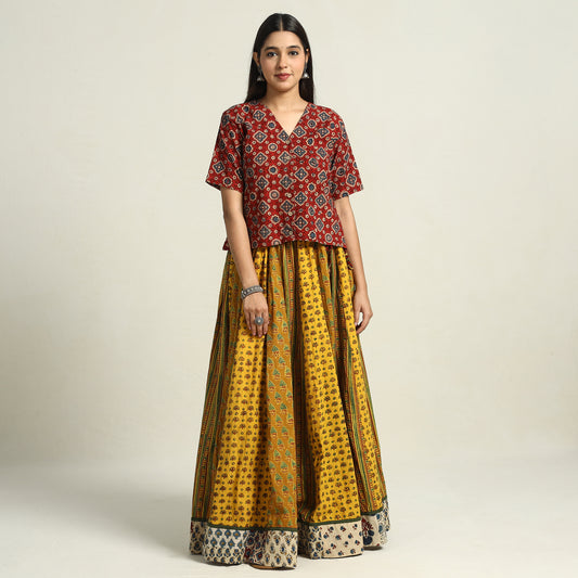 Yellow - Ajrakh Block Printed 24 Kali Patchwork Cotton Long Skirt 04