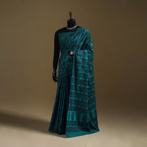 Green - Gamthi Hand Block Print Pure Mul Cotton Saree with Blouse Piece 30