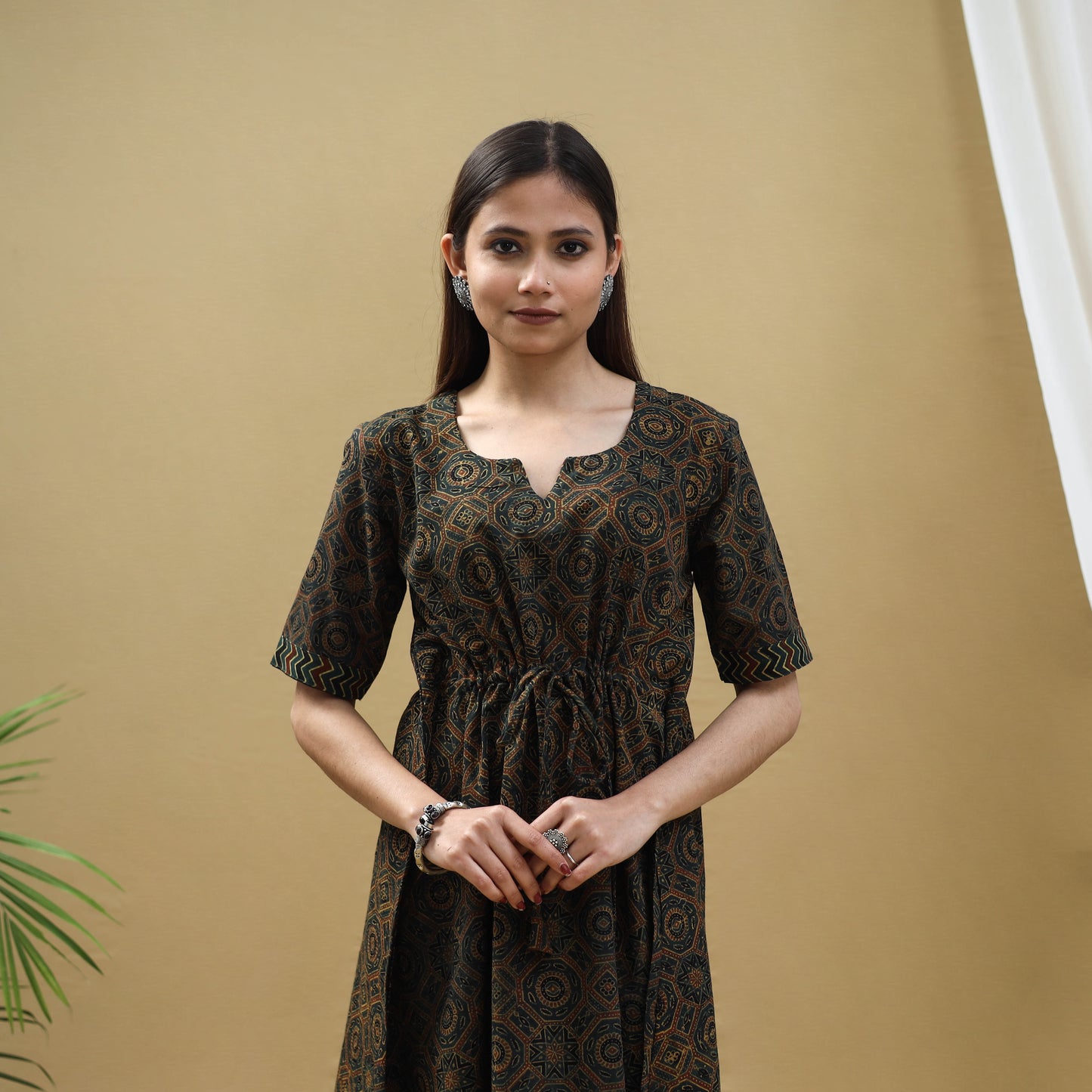 Buy Block Print Cotton Green Flared Short Ajrakh Dress
