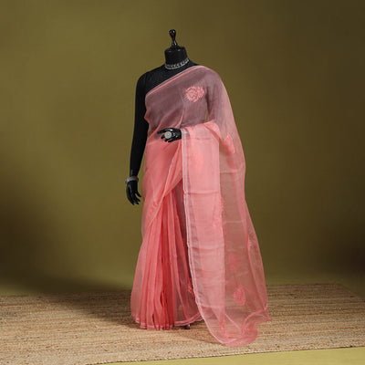 Pink - hand embroidered organza silk beadwork chikankari