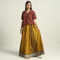 Yellow - Ajrakh Block Printed 24 Kali Patchwork Cotton Long Skirt 04