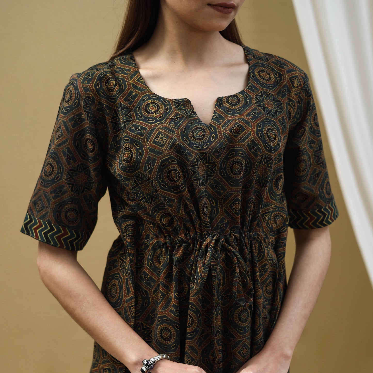 Buy Block Print Cotton Green Flared Short Ajrakh Dress