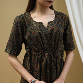 Buy Block Print Cotton Green Flared Short Ajrakh Dress