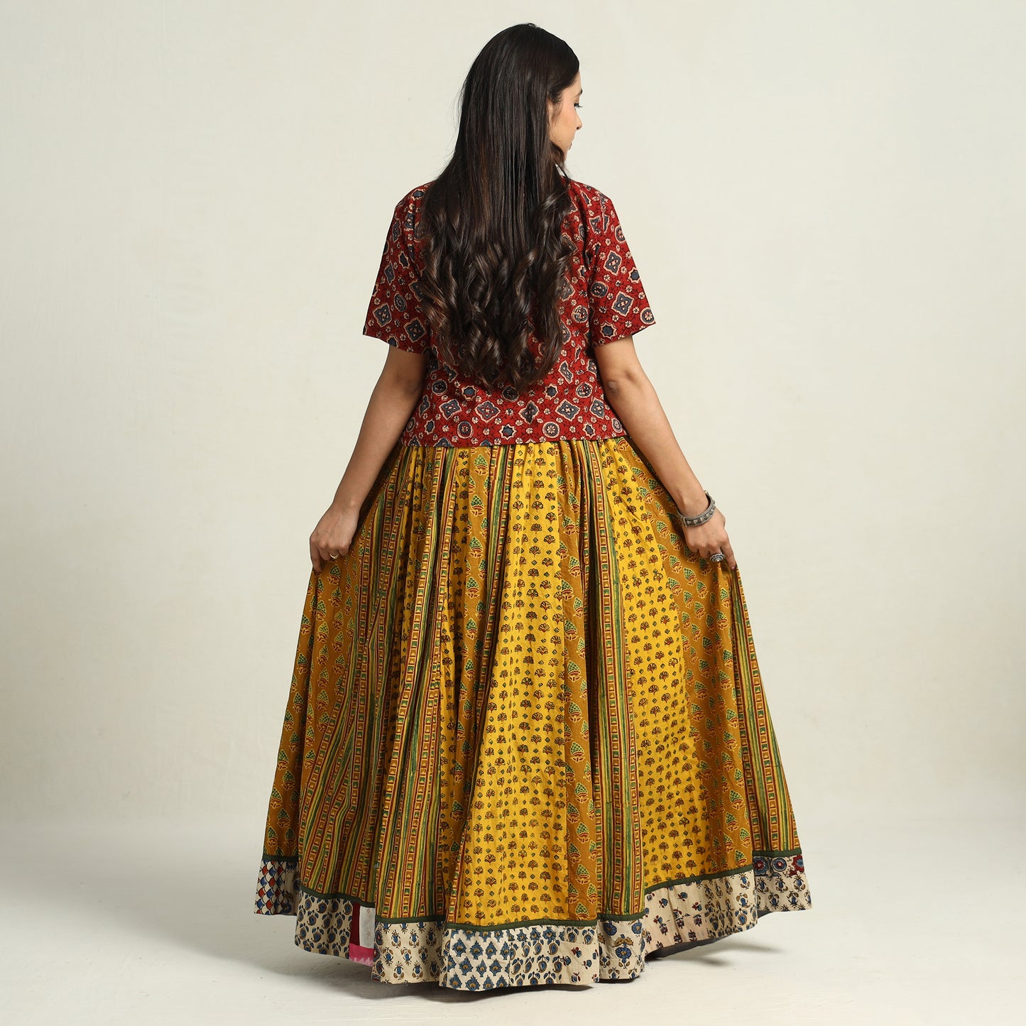 Yellow - Ajrakh Block Printed 24 Kali Patchwork Cotton Long Skirt 04