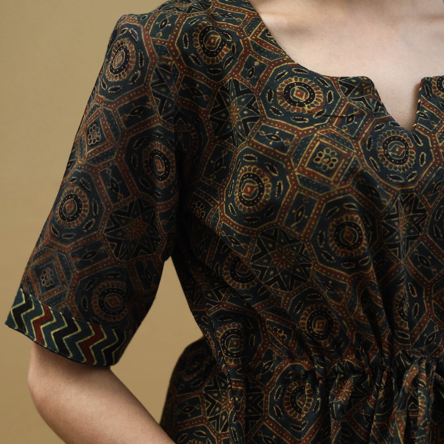 Buy Block Print Cotton Green Flared Short Ajrakh Dress