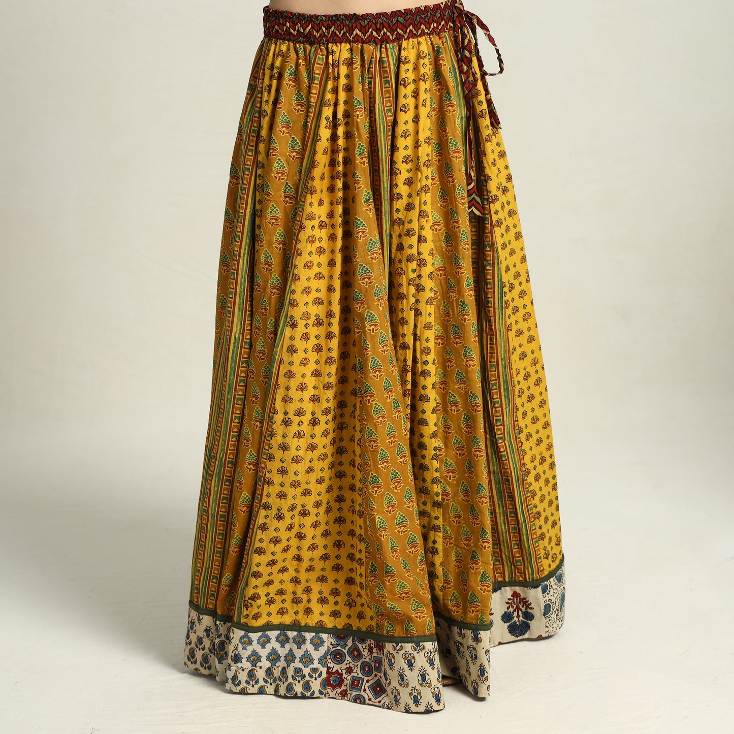 Yellow - Ajrakh Block Printed 24 Kali Patchwork Cotton Long Skirt 04