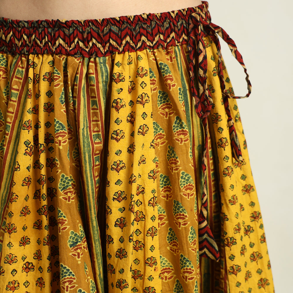 Yellow - Ajrakh Block Printed 24 Kali Patchwork Cotton Long Skirt 04