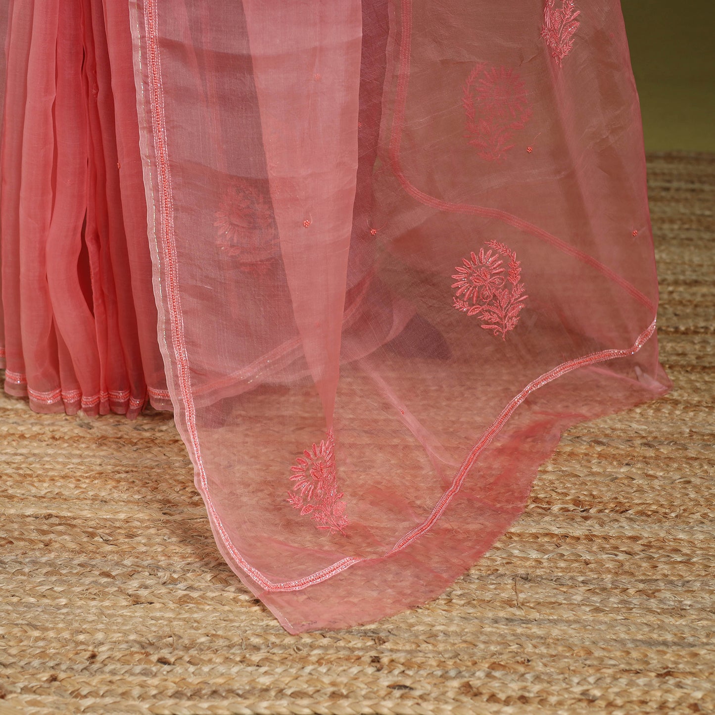 Pink - hand embroidered organza silk beadwork chikankari