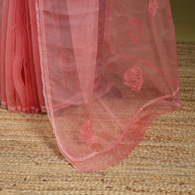 Pink - hand embroidered organza silk beadwork chikankari