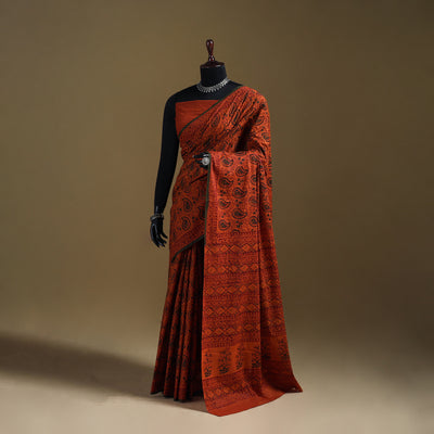 Orange - Gamthi Hand Block Print Pure Mul Cotton Saree with Blouse Piece 31