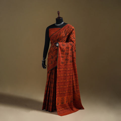 Orange - Gamthi Hand Block Print Pure Mul Cotton Saree with Blouse Piece 31