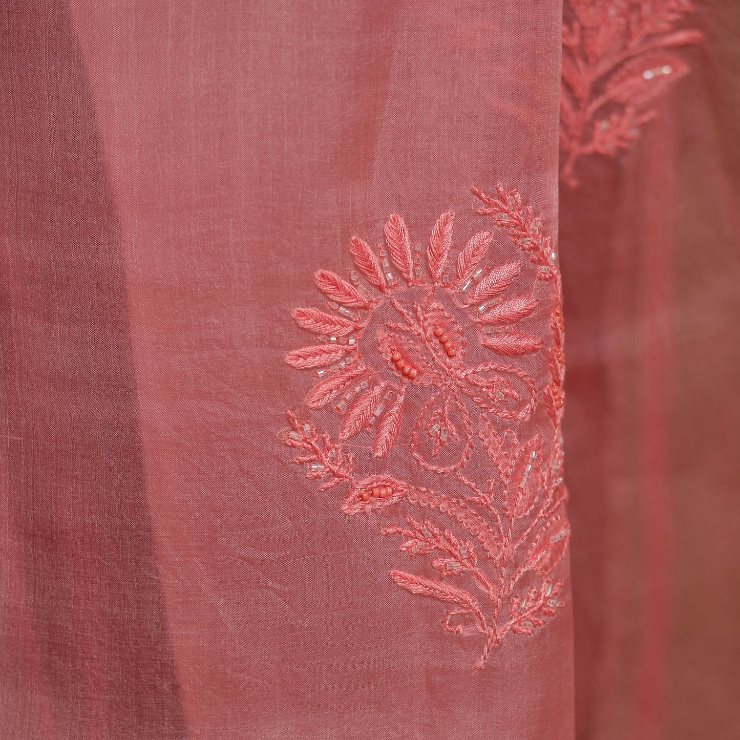Pink - hand embroidered organza silk beadwork chikankari