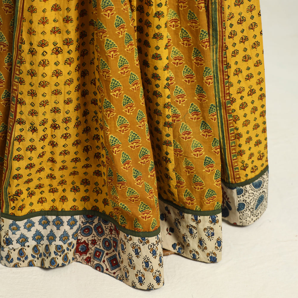 Yellow - Ajrakh Block Printed 24 Kali Patchwork Cotton Long Skirt 04