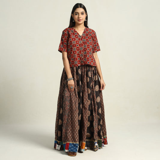 Brown - Ajrakh Block Printed 24 Kali Patchwork Cotton Long Skirt 05