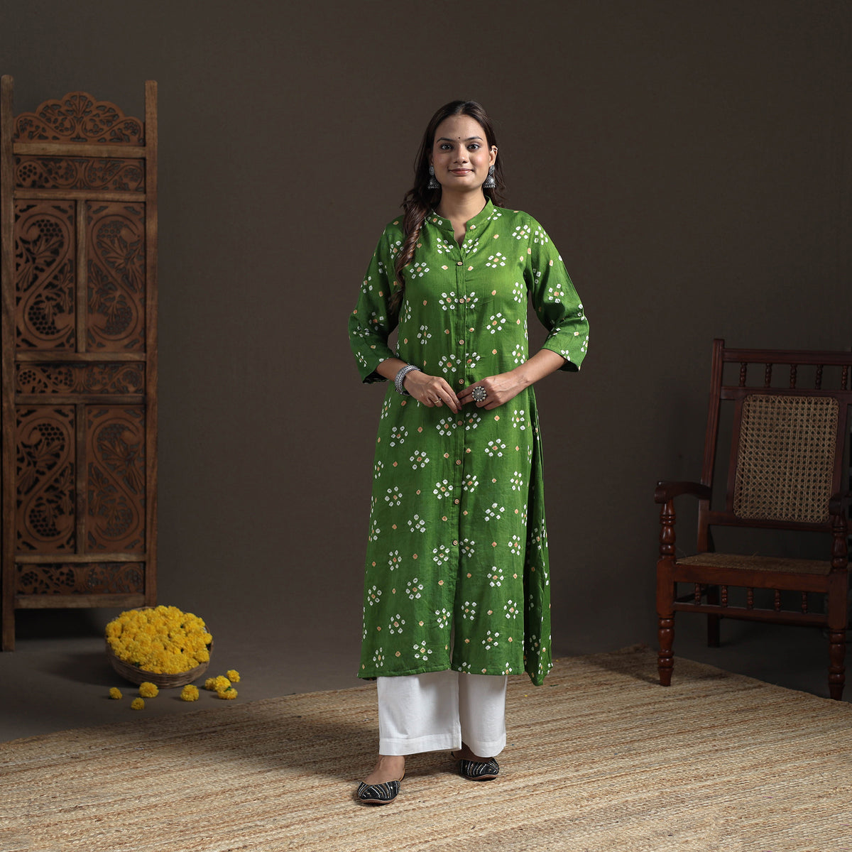 Bandhani Tie-Dye Cotton A-Line Long Kurta for Women 22
