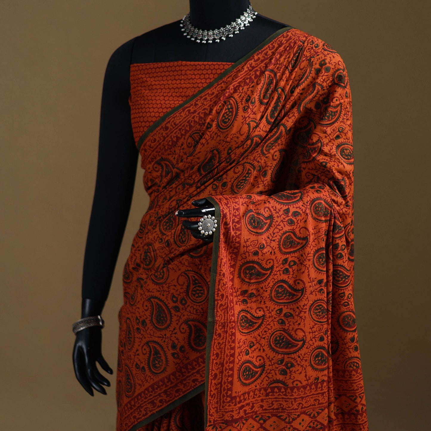 Orange - Gamthi Hand Block Print Pure Mul Cotton Saree with Blouse Piece 31