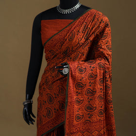 Orange - Gamthi Hand Block Print Pure Mul Cotton Saree with Blouse Piece 31