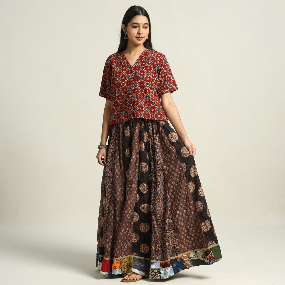 Brown - Ajrakh Block Printed 24 Kali Patchwork Cotton Long Skirt 05