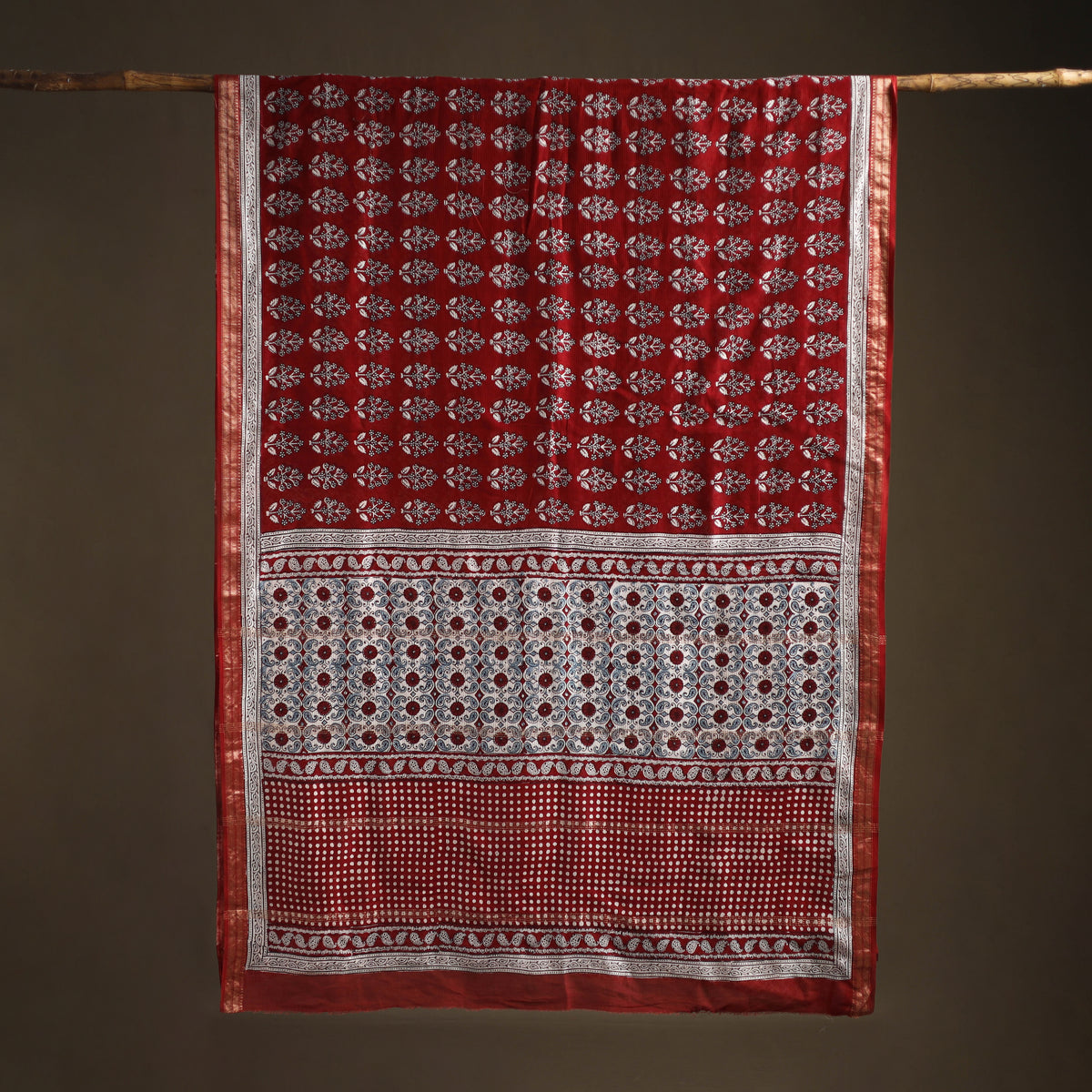 Bagh Hand Block Print Natural Dyed Maheshwari Silk Zari Border Saree 12