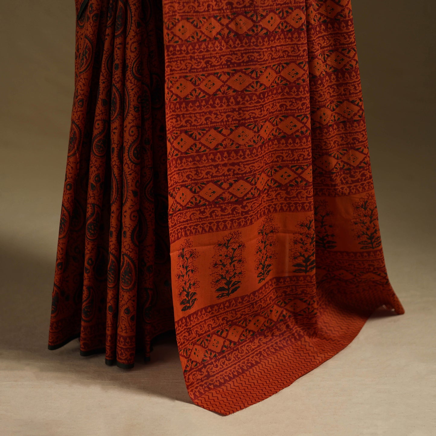 Orange - Gamthi Hand Block Print Pure Mul Cotton Saree with Blouse Piece 31