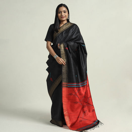 Black - Bhagalpuri Pure Desi Tussar Silk Handloom Saree with Zari Border