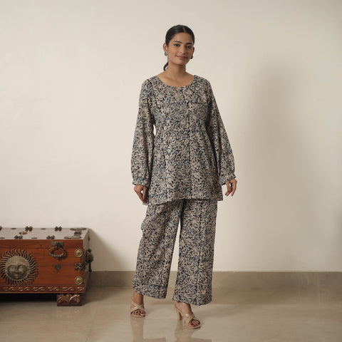 Grey - Block Printed Cotton Kalamkari Co-ord Set 01