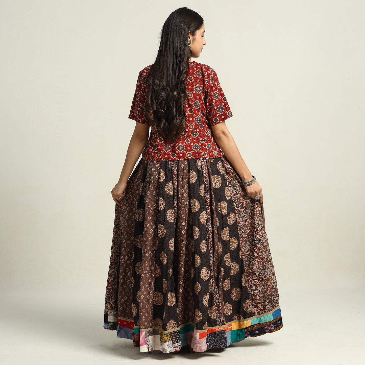 Brown - Ajrakh Block Printed 24 Kali Patchwork Cotton Long Skirt 05