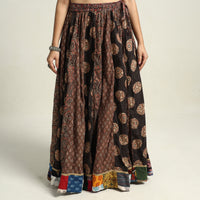 Brown - Ajrakh Block Printed 24 Kali Patchwork Cotton Long Skirt 05