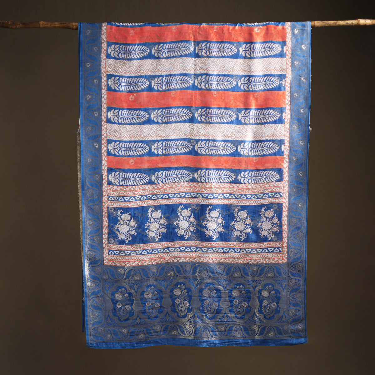 Bagh Indigo Hand Block Print Natural Dyed Dola Silk Zari Work Saree 02