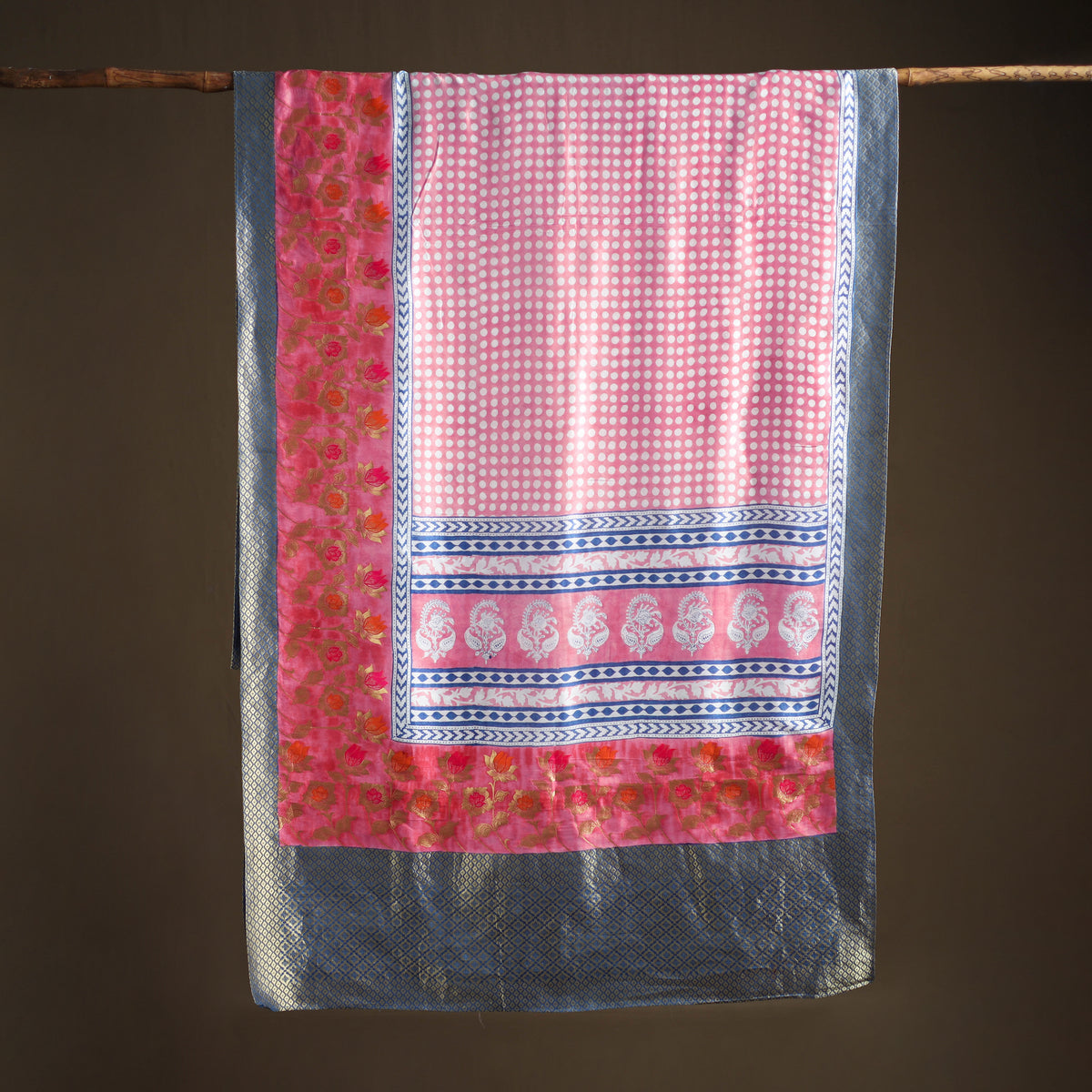 Bagh Indigo Hand Block Print Natural Dyed Dola Silk Zari Work Saree 03