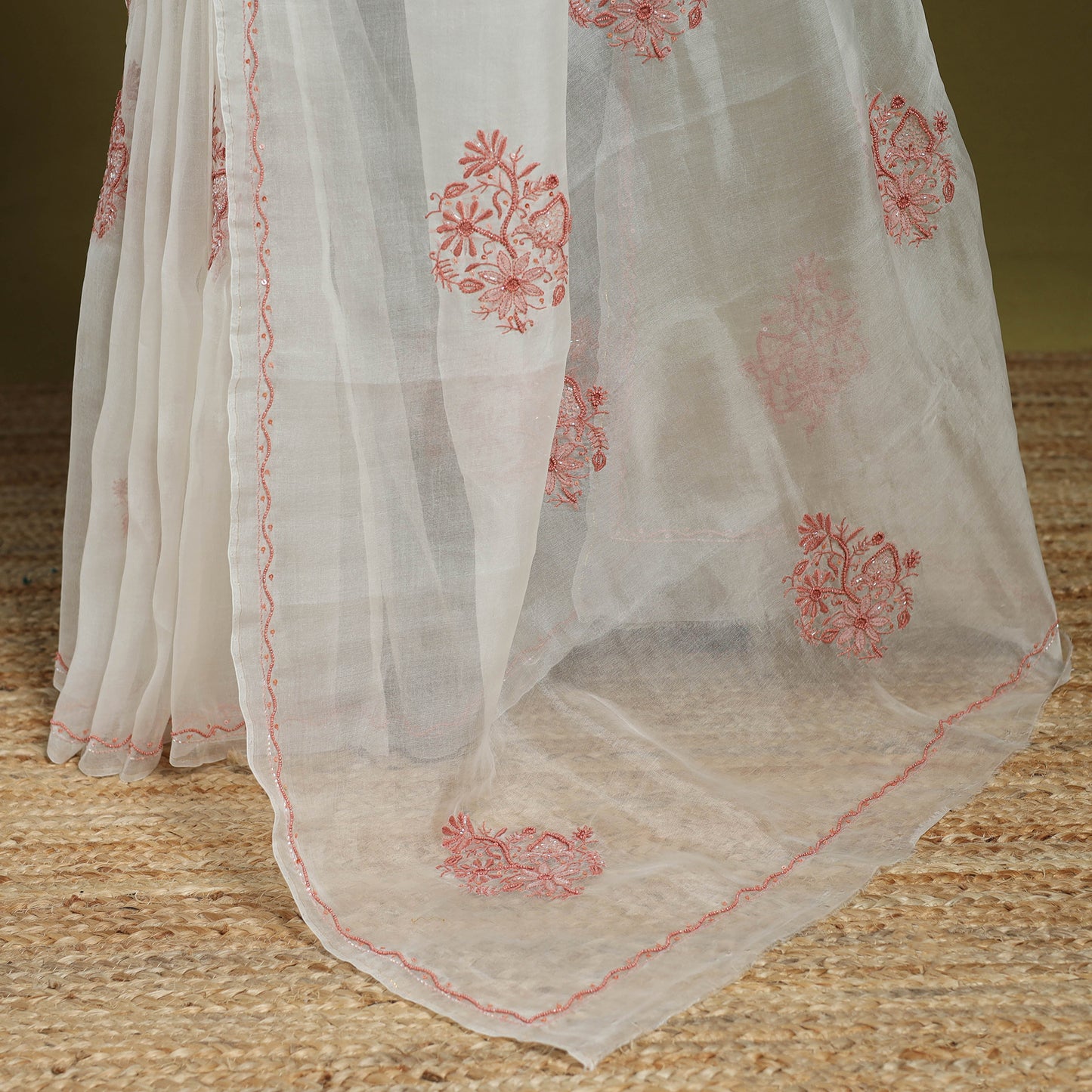 White - hand embroidered organza silk beadwork chikankari