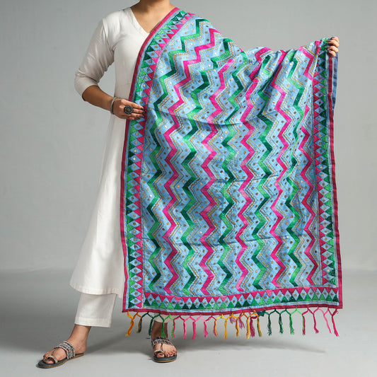 Blue - Ranihati Chanderi Silk Chapa Work Zig Zag Phulkari Embroidery Dupatta
