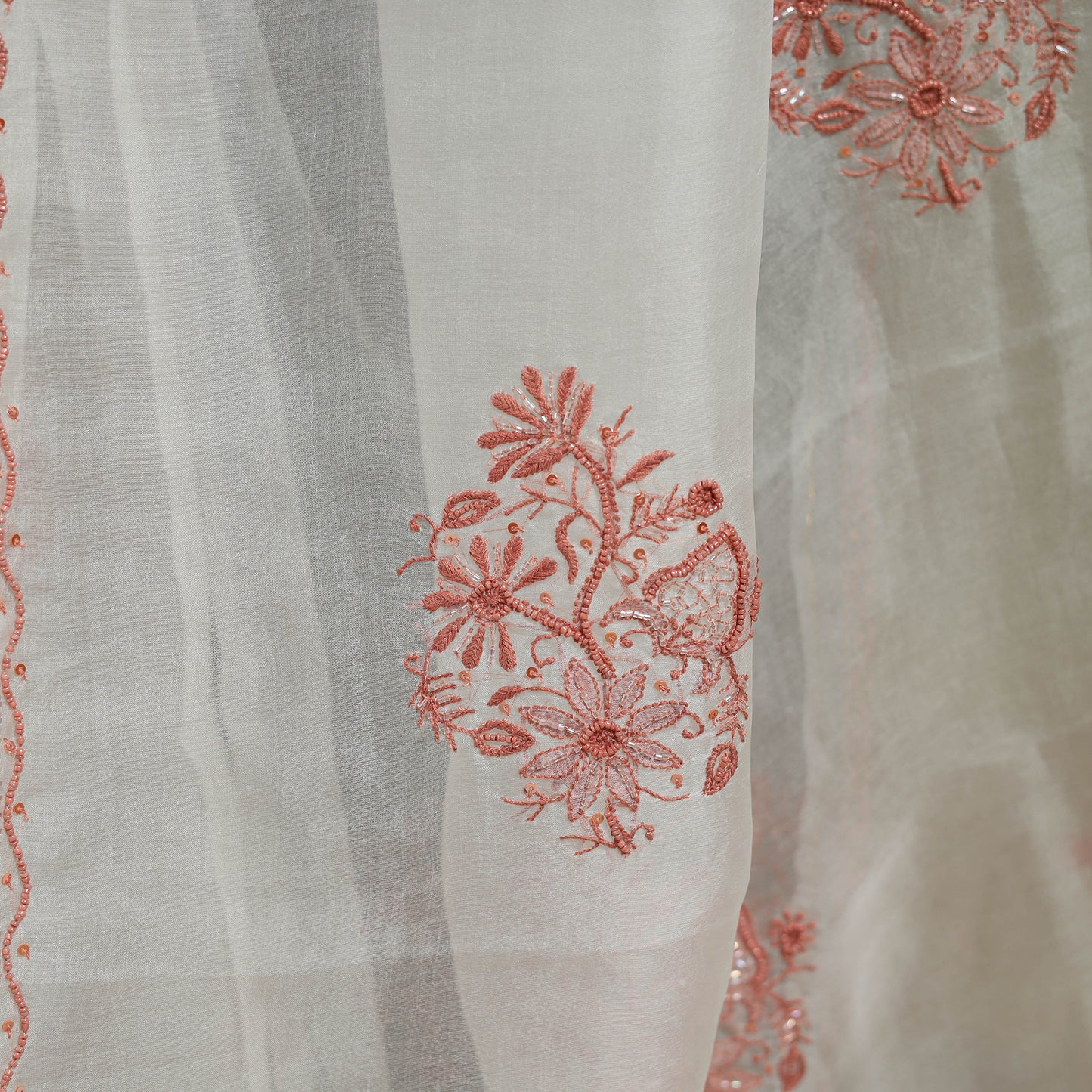 White - hand embroidered organza silk beadwork chikankari