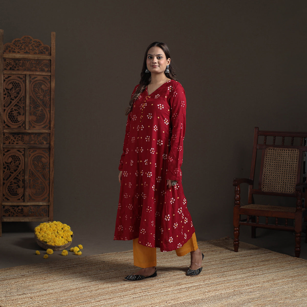 Bandhani Tie-Dye Cotton A-Line Long Kurta for Women 04