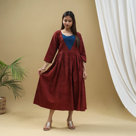 Red - Block Print Cotton Flared Ajrakh Dress 08