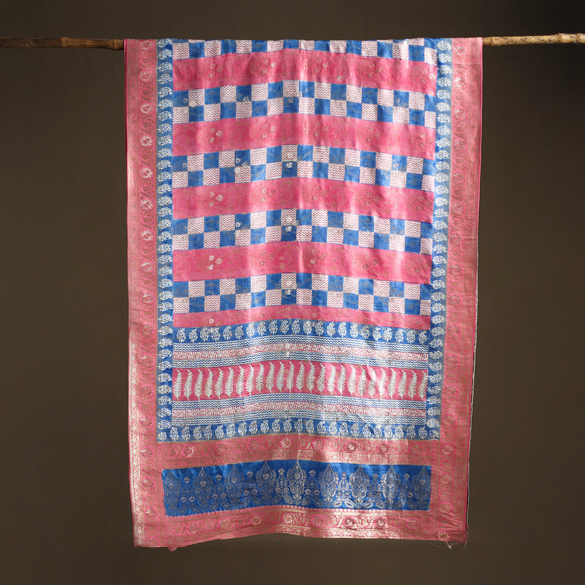 Bagh Indigo Hand Block Print Natural Dyed Dola Silk Zari Work Saree 04