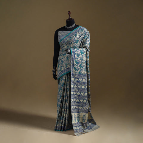 White - Gamthi Hand Block Print Pure Mul Cotton Saree with Blouse Piece 32