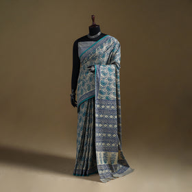 White - Gamthi Hand Block Print Pure Mul Cotton Saree with Blouse Piece 32