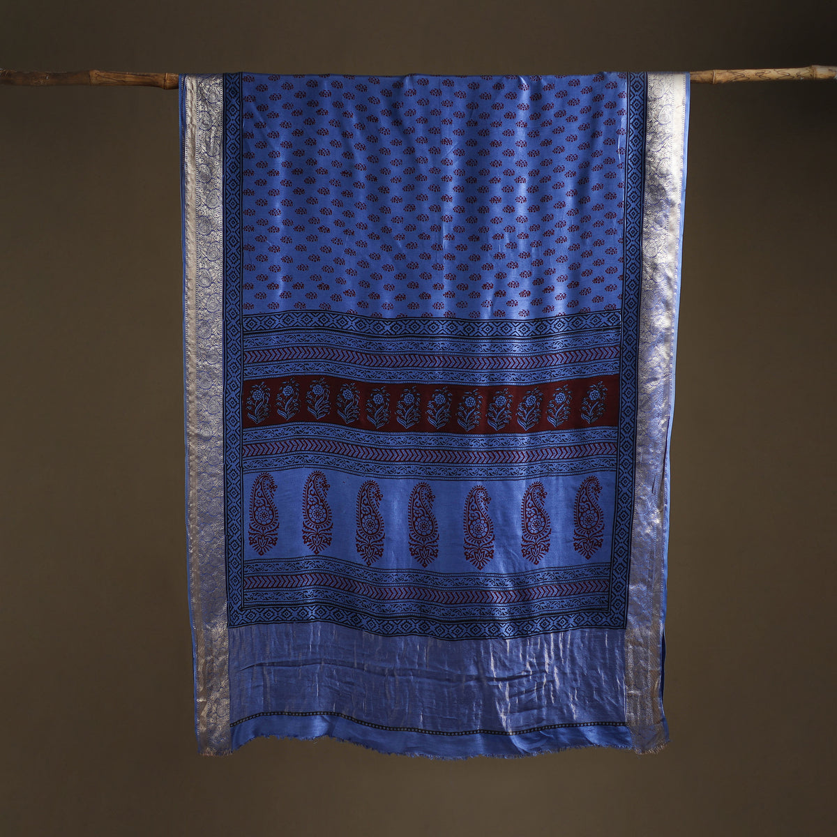 Bagh Hand Block Print Natural Dyed Dola Silk Zari Border Saree 05