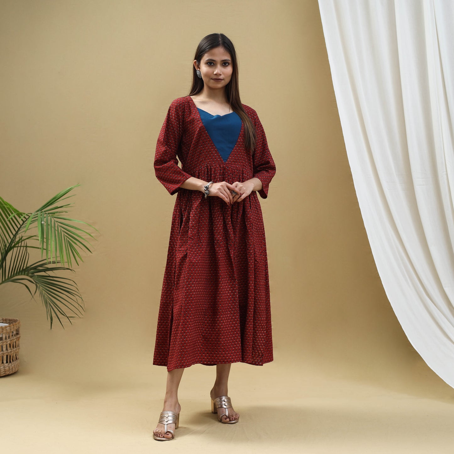 Red - Block Print Cotton Flared Ajrakh Dress 08