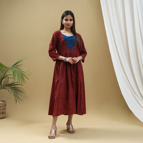 Red - Block Print Cotton Flared Ajrakh Dress 08