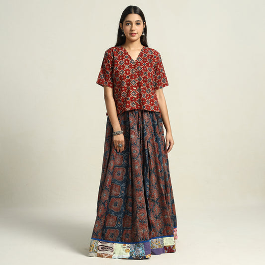 Multicolor - Ajrakh Block Printed 24 Kali Patchwork Cotton Long Skirt 06
