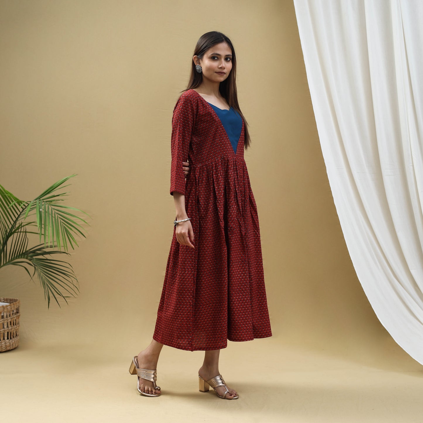 Red - Block Print Cotton Flared Ajrakh Dress 08