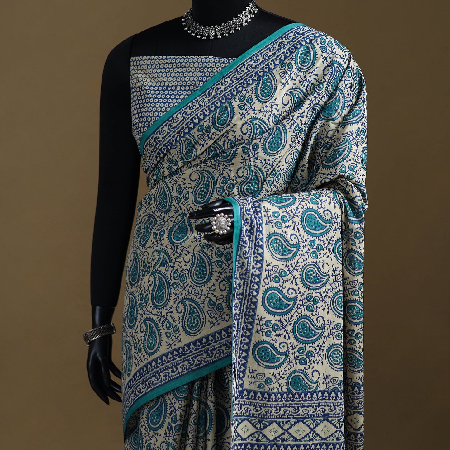White - Gamthi Hand Block Print Pure Mul Cotton Saree with Blouse Piece 32