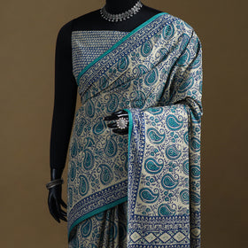 White - Gamthi Hand Block Print Pure Mul Cotton Saree with Blouse Piece 32